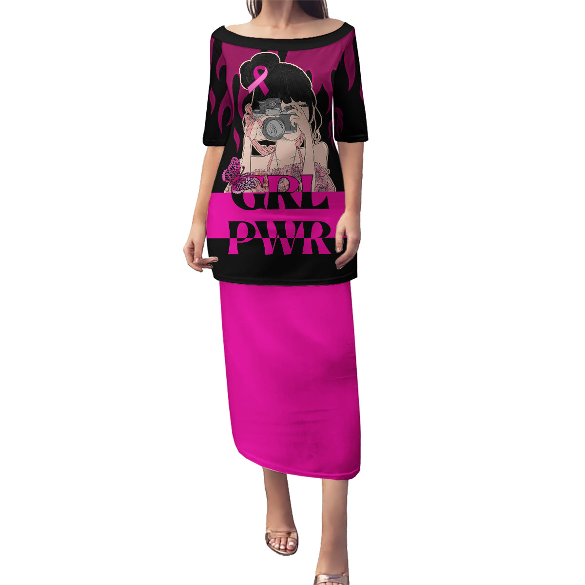 Personalised Girl Power Family Matching Puletasi Dress and Hawaiian Shirt Day Of The Girl Breast Cancer Awareness - Wonder Print Shop