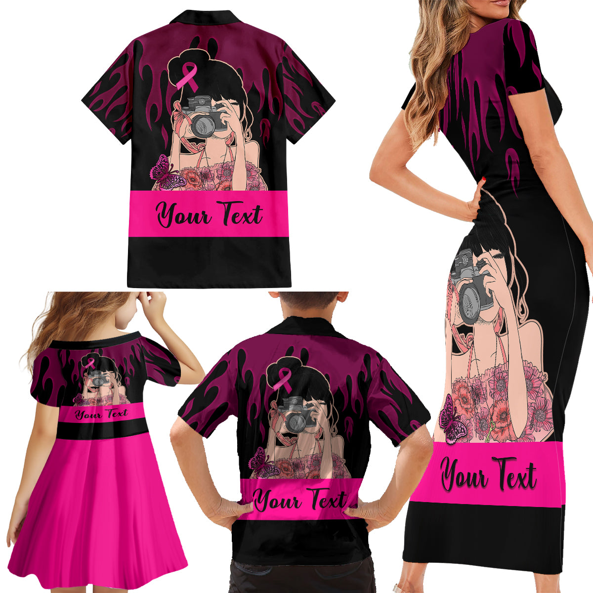 Personalised Girl Power Family Matching Short Sleeve Bodycon Dress and Hawaiian Shirt Day Of The Girl Breast Cancer Awareness - Wonder Print Shop