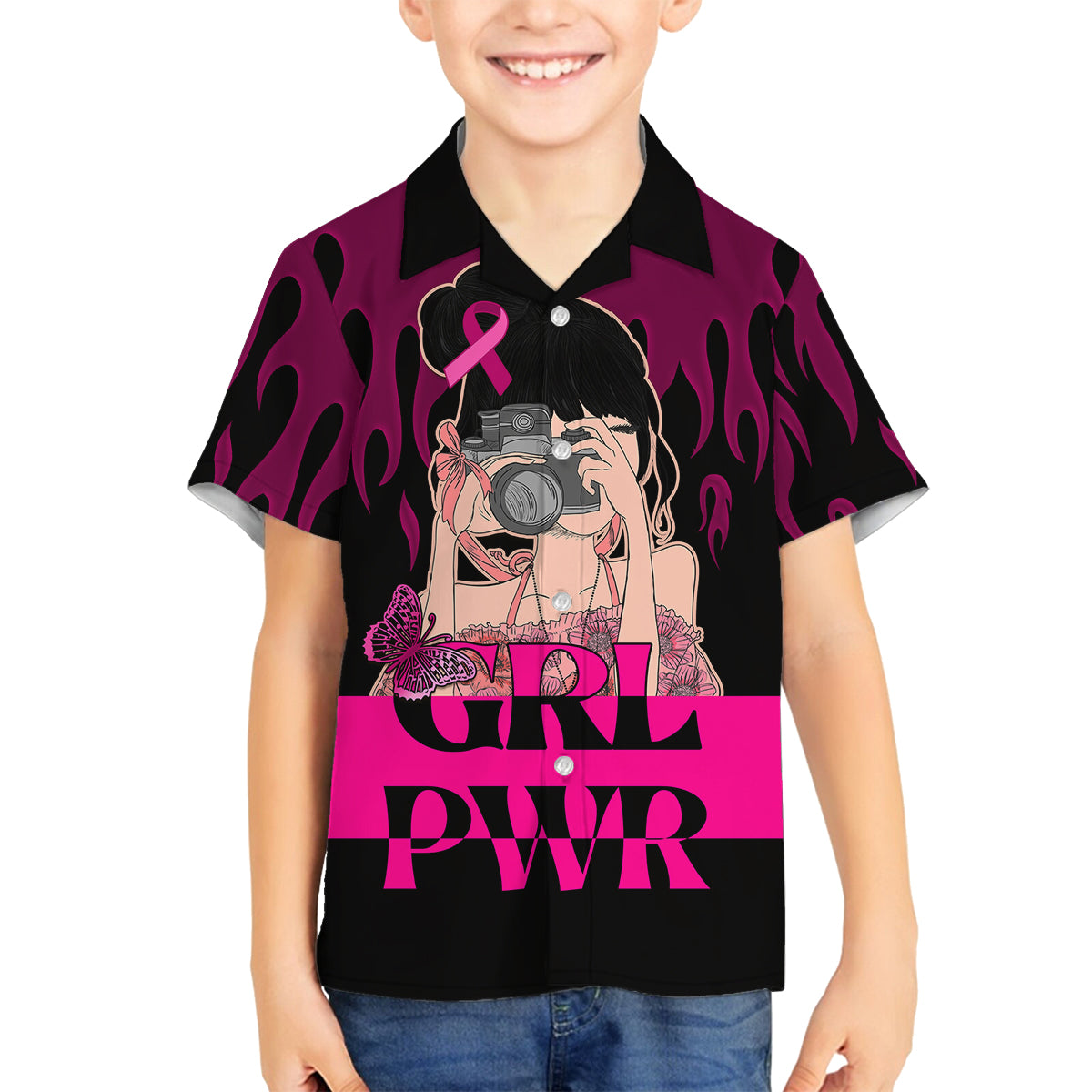 Personalised Girl Power Family Matching Short Sleeve Bodycon Dress and Hawaiian Shirt Day Of The Girl Breast Cancer Awareness - Wonder Print Shop