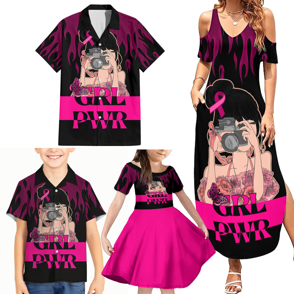 Personalised Girl Power Family Matching Summer Maxi Dress and Hawaiian Shirt Day Of The Girl Breast Cancer Awareness - Wonder Print Shop