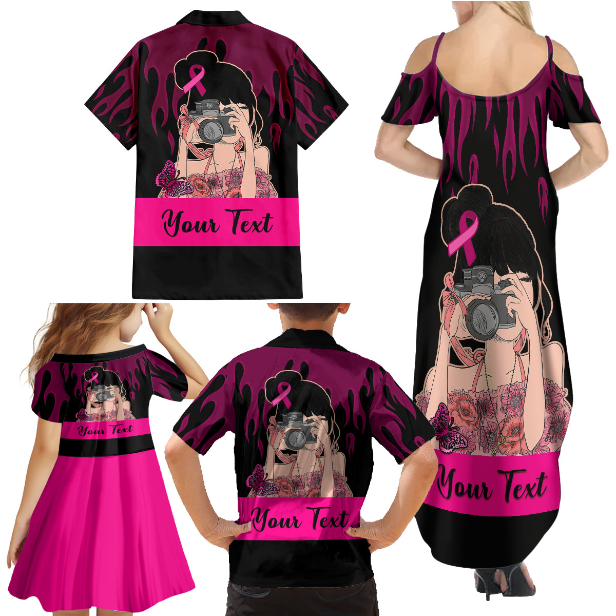 Personalised Girl Power Family Matching Summer Maxi Dress and Hawaiian Shirt Day Of The Girl Breast Cancer Awareness - Wonder Print Shop