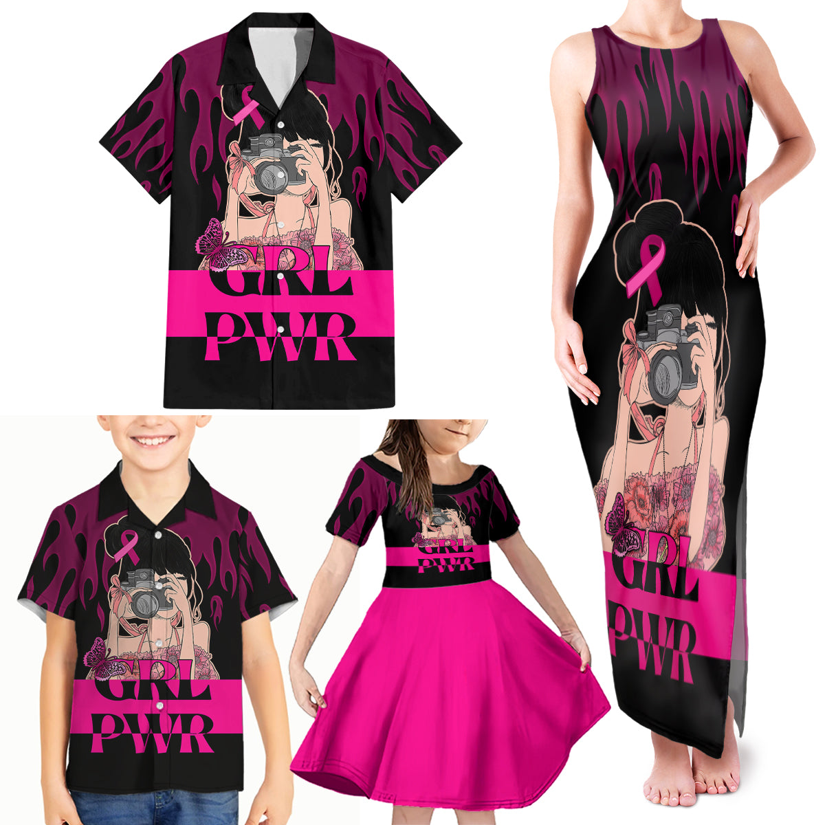 Personalised Girl Power Family Matching Tank Maxi Dress and Hawaiian Shirt Day Of The Girl Breast Cancer Awareness - Wonder Print Shop