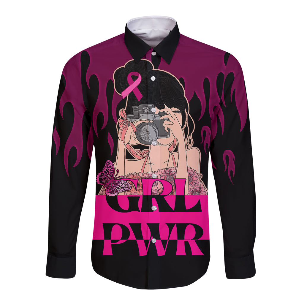 Personalised Girl Power Long Sleeve Button Shirt Day Of The Girl Breast Cancer Awareness - Wonder Print Shop