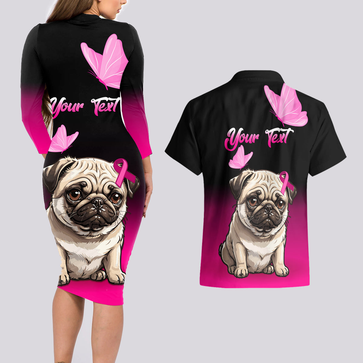 Personalised Pink Out Couples Matching Long Sleeve Bodycon Dress and Hawaiian Shirt Pug Dog Breast Cancer Awareness - Wonder Print Shop