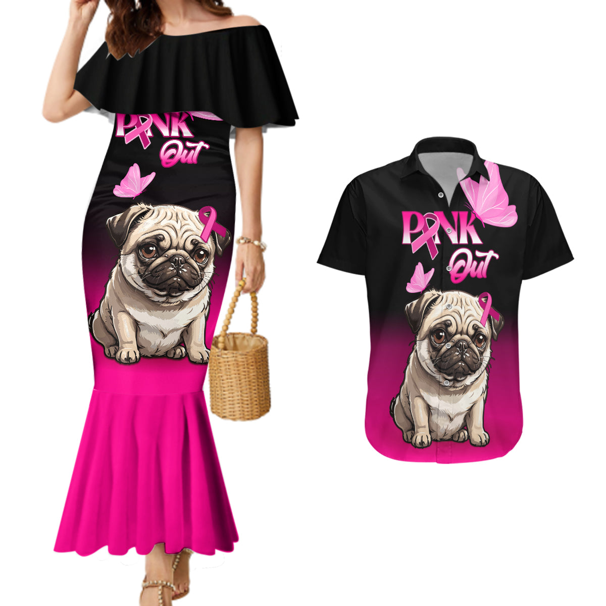 Personalised Pink Out Couples Matching Mermaid Dress and Hawaiian Shirt Pug Dog Breast Cancer Awareness - Wonder Print Shop