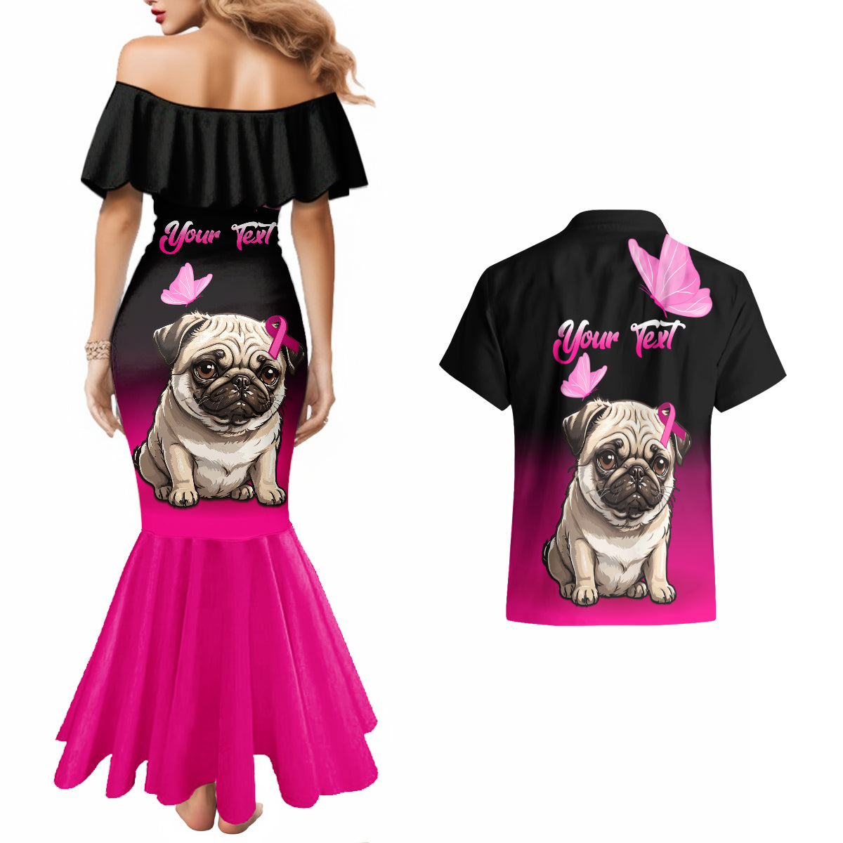 Personalised Pink Out Couples Matching Mermaid Dress and Hawaiian Shirt Pug Dog Breast Cancer Awareness - Wonder Print Shop