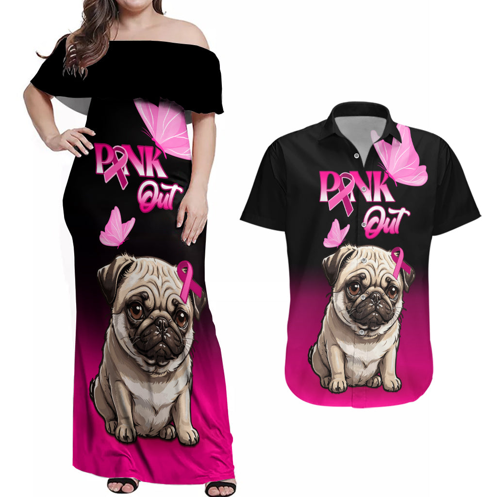 Personalised Pink Out Couples Matching Off Shoulder Maxi Dress and Hawaiian Shirt Pug Dog Breast Cancer Awareness - Wonder Print Shop
