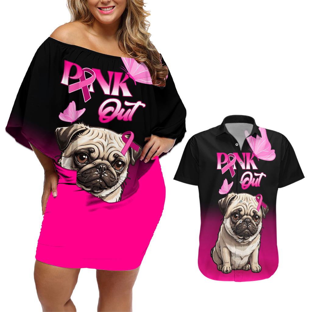 Personalised Pink Out Couples Matching Off Shoulder Short Dress and Hawaiian Shirt Pug Dog Breast Cancer Awareness - Wonder Print Shop
