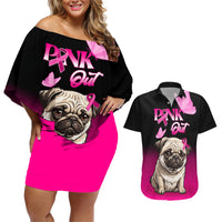 Personalised Pink Out Couples Matching Off Shoulder Short Dress and Hawaiian Shirt Pug Dog Breast Cancer Awareness - Wonder Print Shop