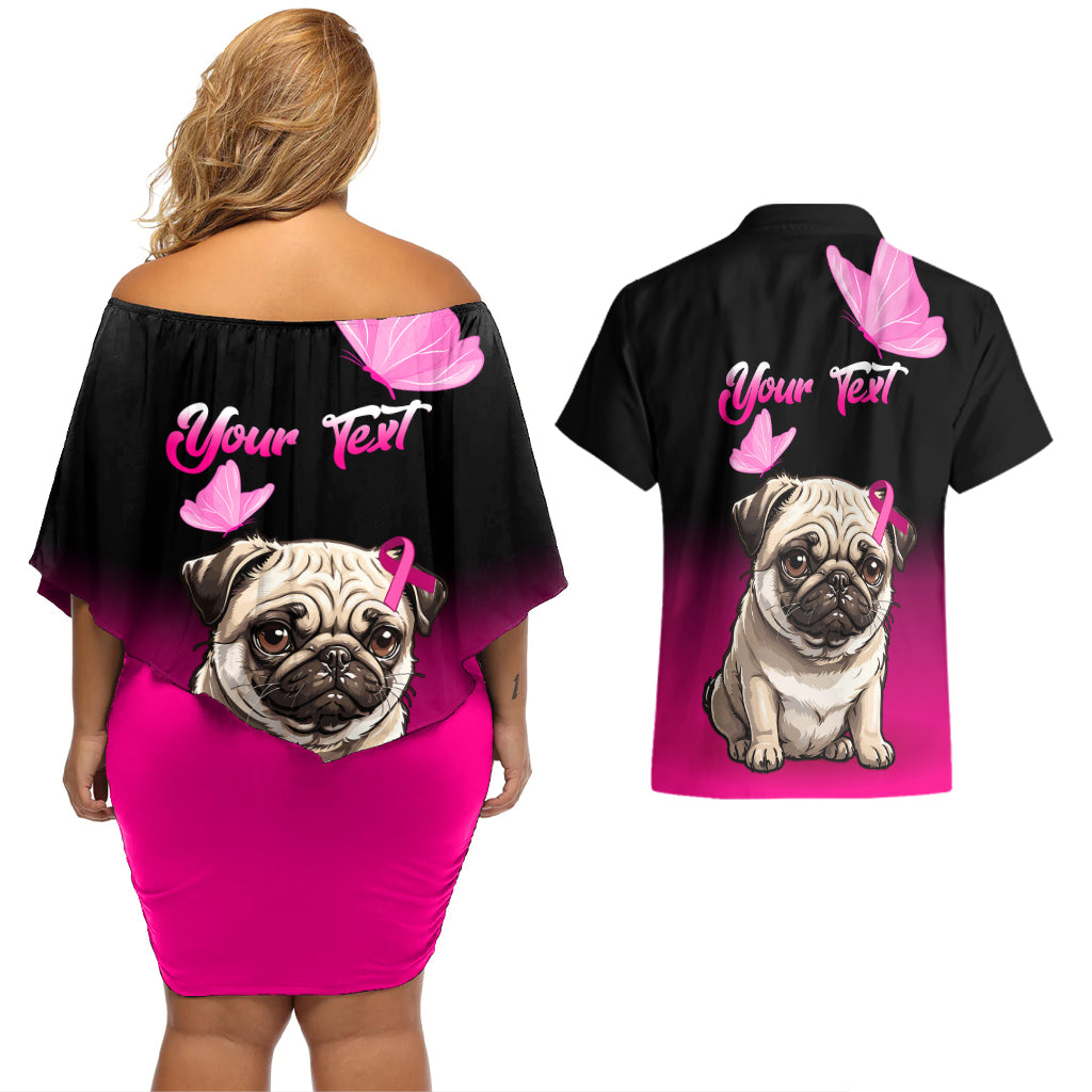 Personalised Pink Out Couples Matching Off Shoulder Short Dress and Hawaiian Shirt Pug Dog Breast Cancer Awareness - Wonder Print Shop
