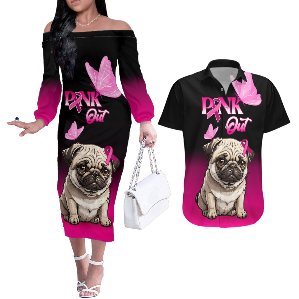 Personalised Pink Out Couples Matching Off The Shoulder Long Sleeve Dress and Hawaiian Shirt Pug Dog Breast Cancer Awareness - Wonder Print Shop