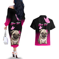 Personalised Pink Out Couples Matching Off The Shoulder Long Sleeve Dress and Hawaiian Shirt Pug Dog Breast Cancer Awareness - Wonder Print Shop