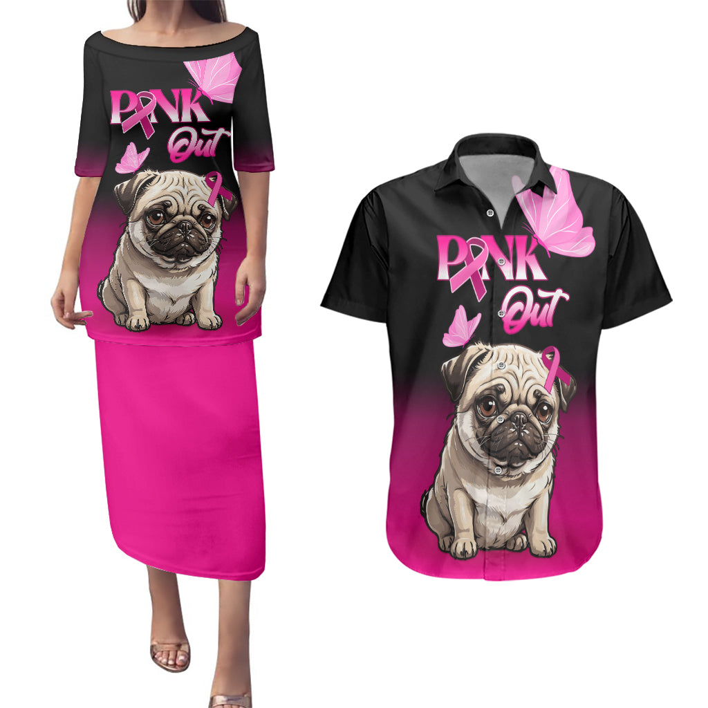 Personalised Pink Out Couples Matching Puletasi Dress and Hawaiian Shirt Pug Dog Breast Cancer Awareness - Wonder Print Shop