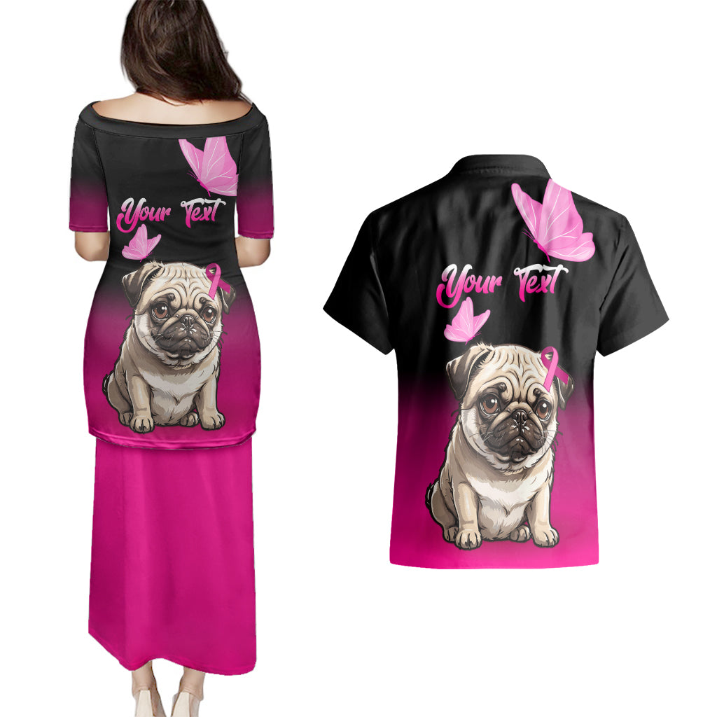 Personalised Pink Out Couples Matching Puletasi Dress and Hawaiian Shirt Pug Dog Breast Cancer Awareness - Wonder Print Shop