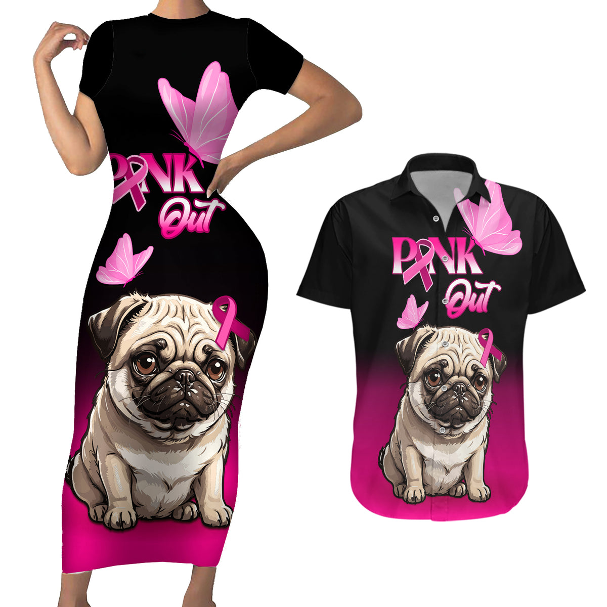 Personalised Pink Out Couples Matching Short Sleeve Bodycon Dress and Hawaiian Shirt Pug Dog Breast Cancer Awareness - Wonder Print Shop