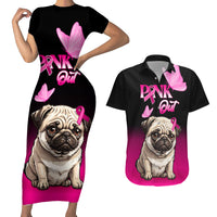 Personalised Pink Out Couples Matching Short Sleeve Bodycon Dress and Hawaiian Shirt Pug Dog Breast Cancer Awareness - Wonder Print Shop