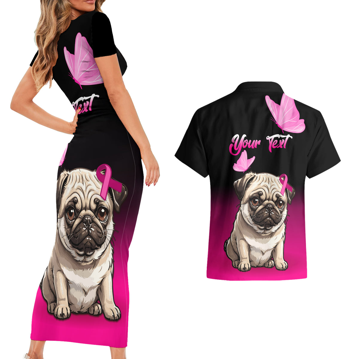 Personalised Pink Out Couples Matching Short Sleeve Bodycon Dress and Hawaiian Shirt Pug Dog Breast Cancer Awareness - Wonder Print Shop