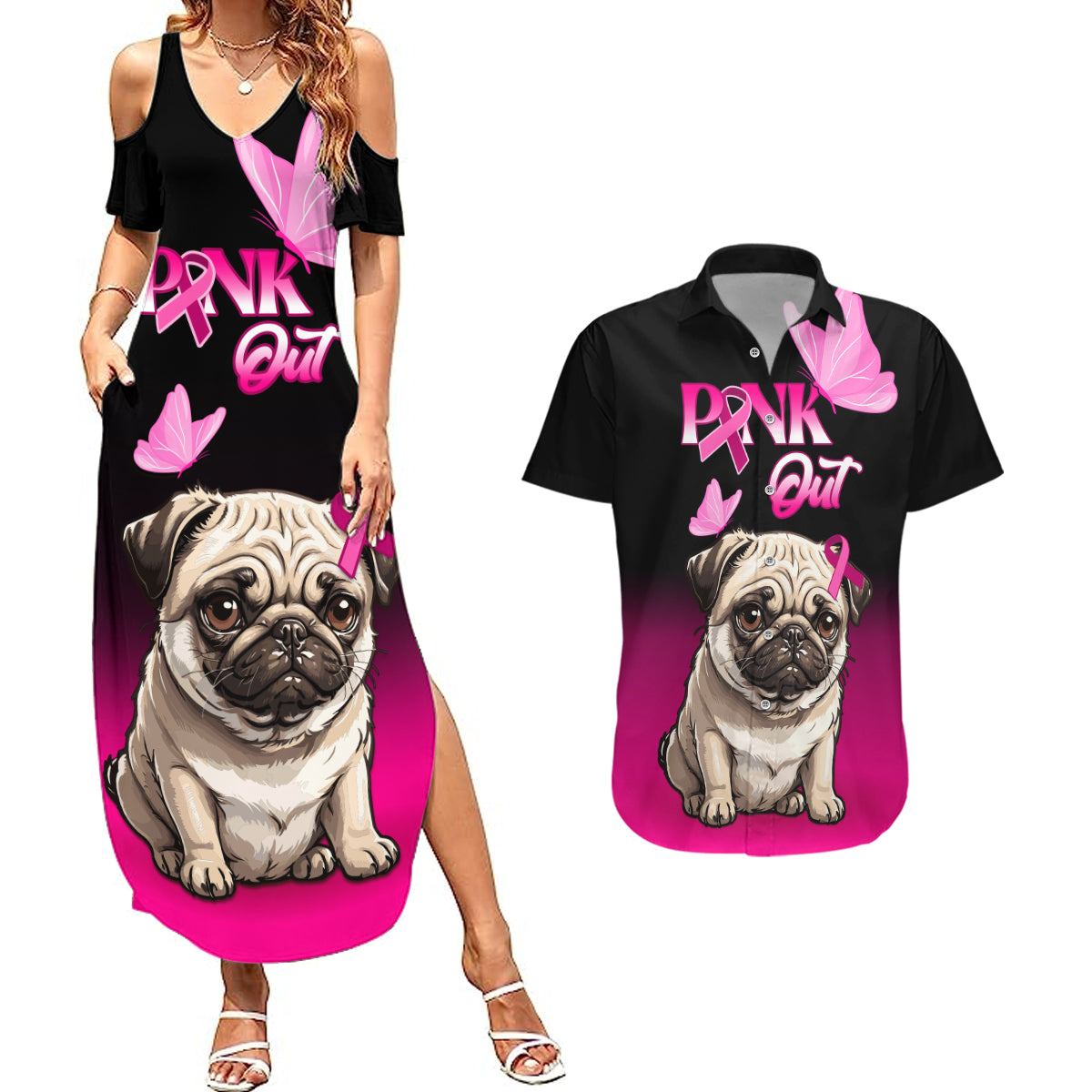 Personalised Pink Out Couples Matching Summer Maxi Dress and Hawaiian Shirt Pug Dog Breast Cancer Awareness - Wonder Print Shop