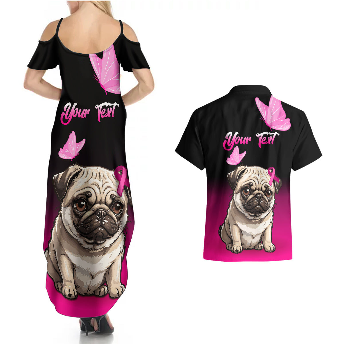 Personalised Pink Out Couples Matching Summer Maxi Dress and Hawaiian Shirt Pug Dog Breast Cancer Awareness - Wonder Print Shop