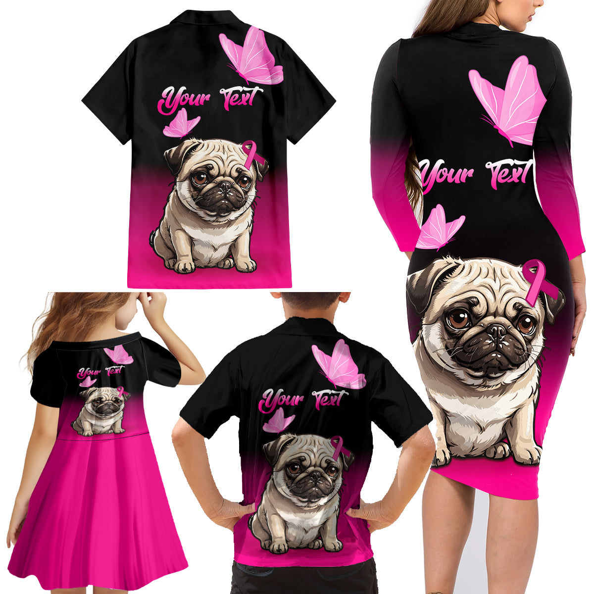 Personalised Pink Out Family Matching Long Sleeve Bodycon Dress and Hawaiian Shirt Pug Dog Breast Cancer Awareness - Wonder Print Shop