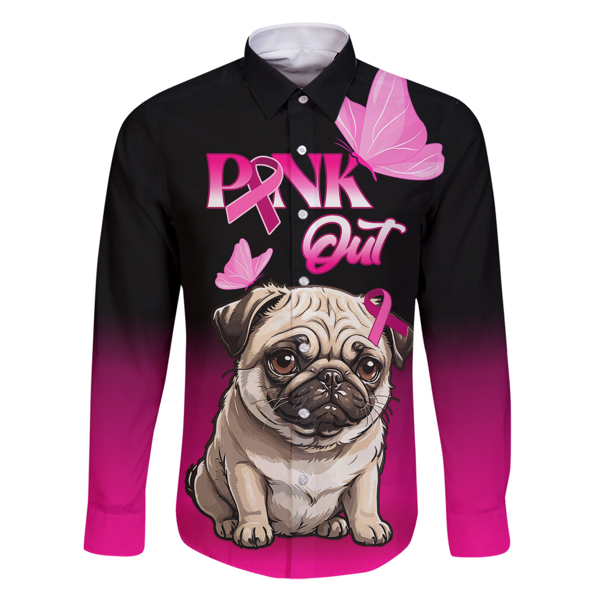 Personalised Pink Out Family Matching Long Sleeve Bodycon Dress and Hawaiian Shirt Pug Dog Breast Cancer Awareness - Wonder Print Shop