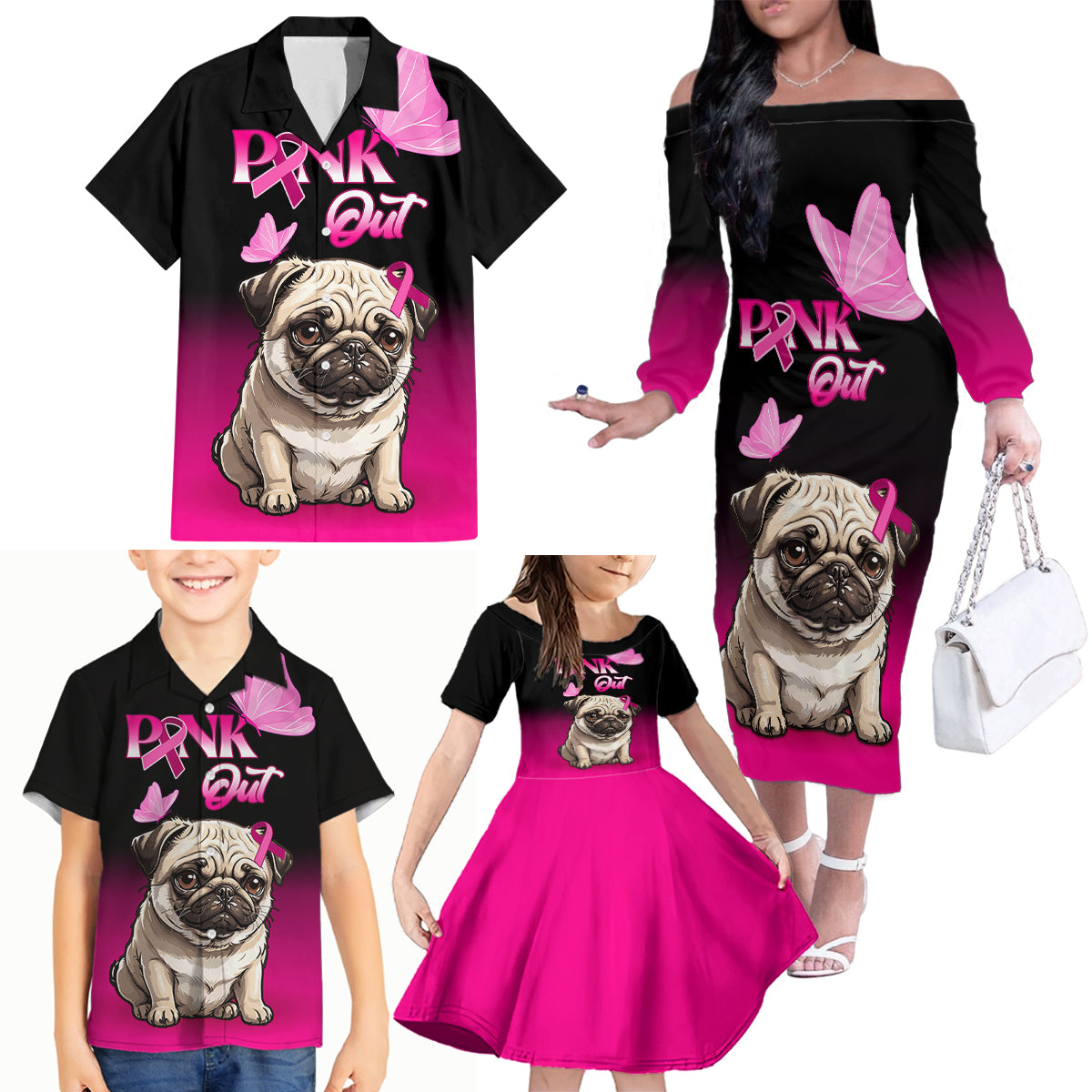 Personalised Pink Out Family Matching Off Shoulder Long Sleeve Dress and Hawaiian Shirt Pug Dog Breast Cancer Awareness - Wonder Print Shop