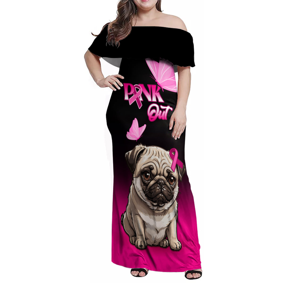 Personalised Pink Out Family Matching Off Shoulder Maxi Dress and Hawaiian Shirt Pug Dog Breast Cancer Awareness - Wonder Print Shop