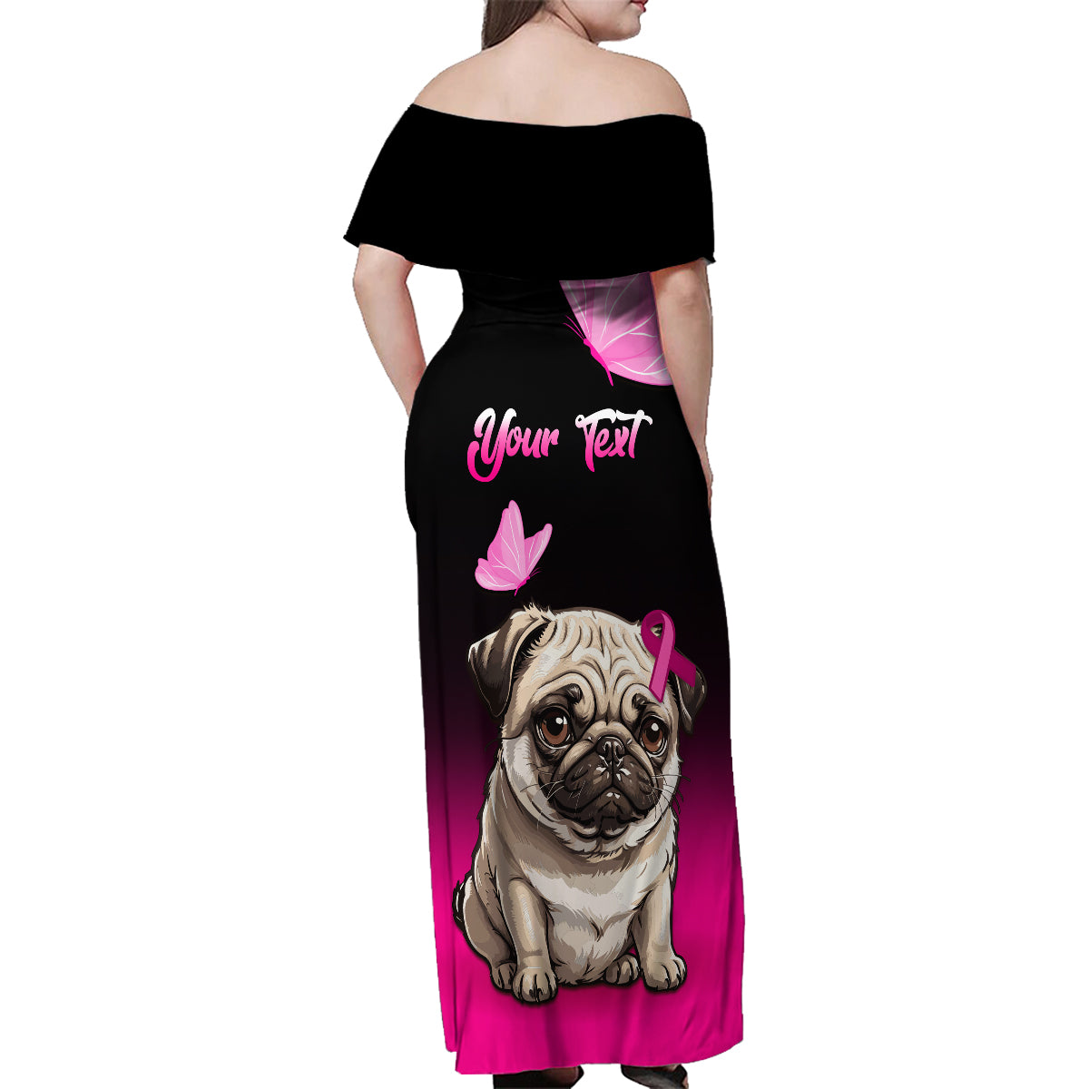 Personalised Pink Out Family Matching Off Shoulder Maxi Dress and Hawaiian Shirt Pug Dog Breast Cancer Awareness - Wonder Print Shop