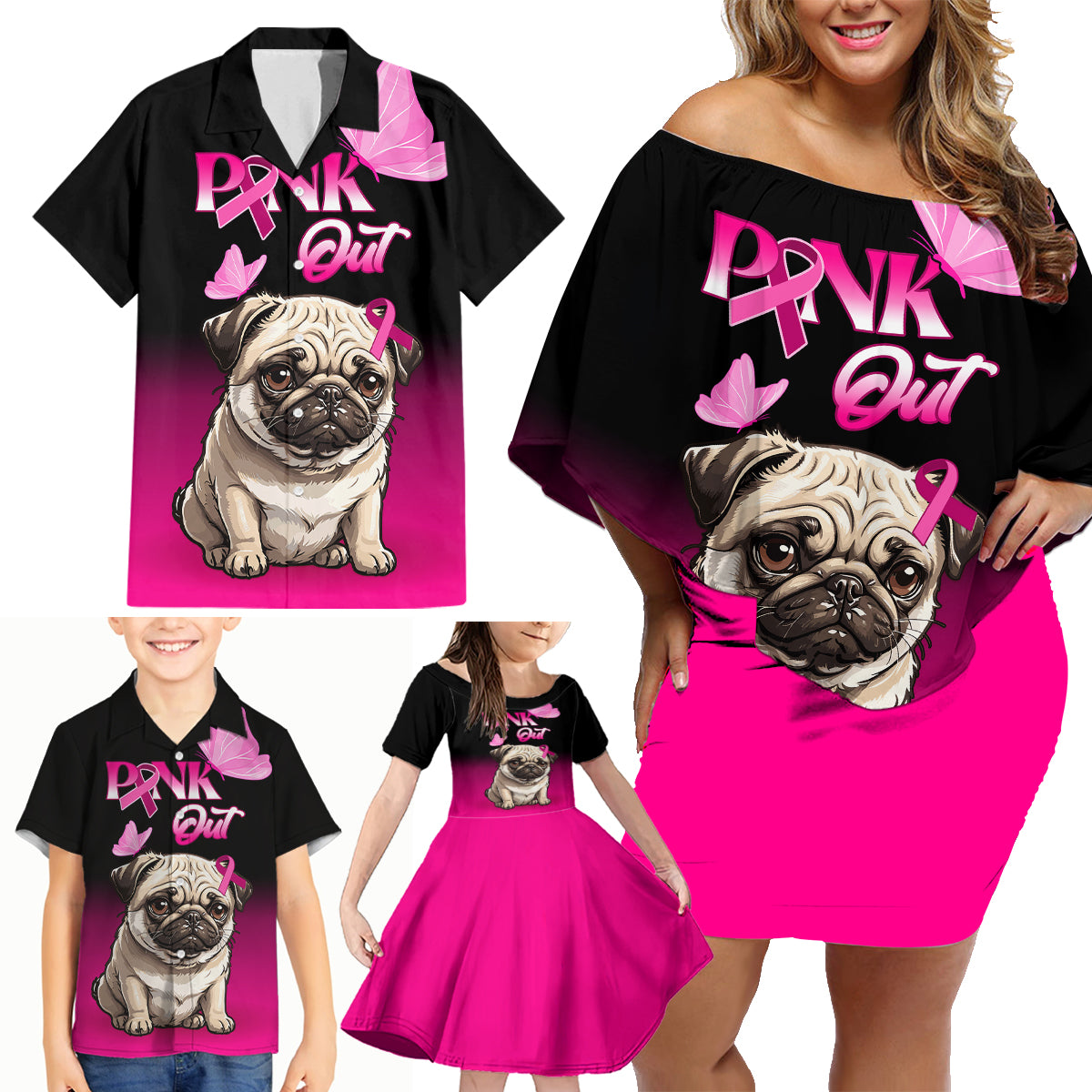 Personalised Pink Out Family Matching Off Shoulder Short Dress and Hawaiian Shirt Pug Dog Breast Cancer Awareness - Wonder Print Shop