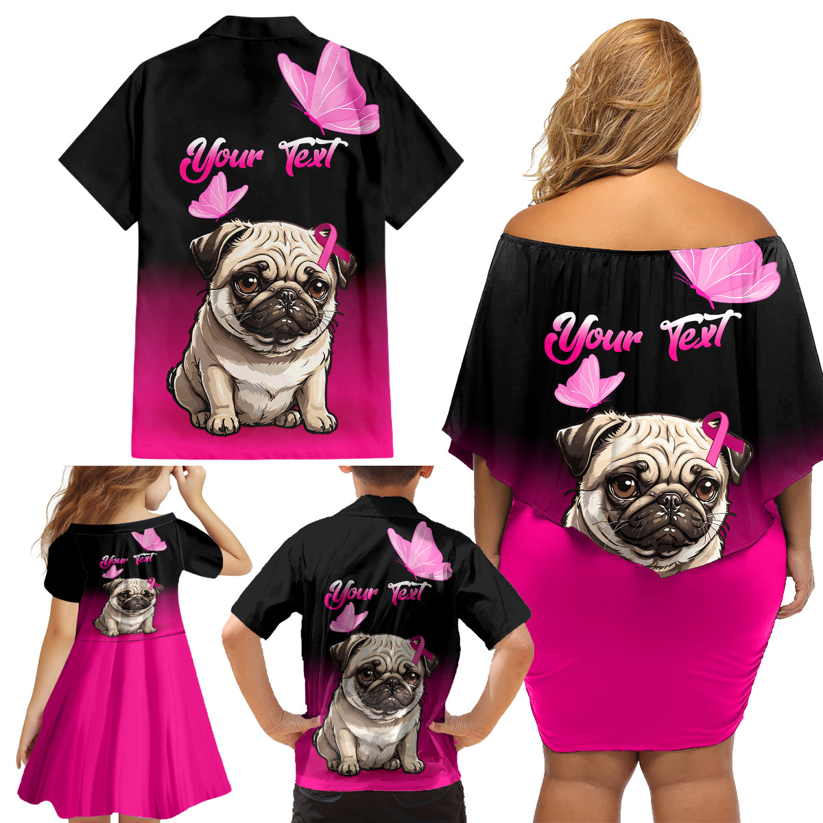 Personalised Pink Out Family Matching Off Shoulder Short Dress and Hawaiian Shirt Pug Dog Breast Cancer Awareness - Wonder Print Shop