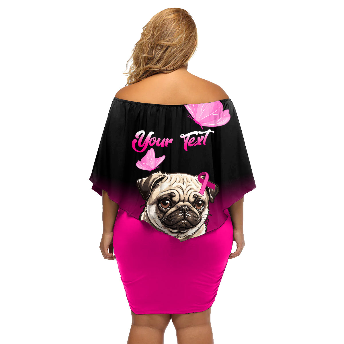 Personalised Pink Out Family Matching Off Shoulder Short Dress and Hawaiian Shirt Pug Dog Breast Cancer Awareness - Wonder Print Shop