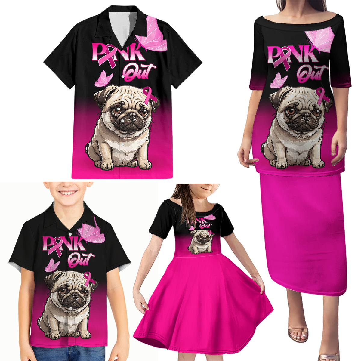 Personalised Pink Out Family Matching Puletasi Dress and Hawaiian Shirt Pug Dog Breast Cancer Awareness - Wonder Print Shop