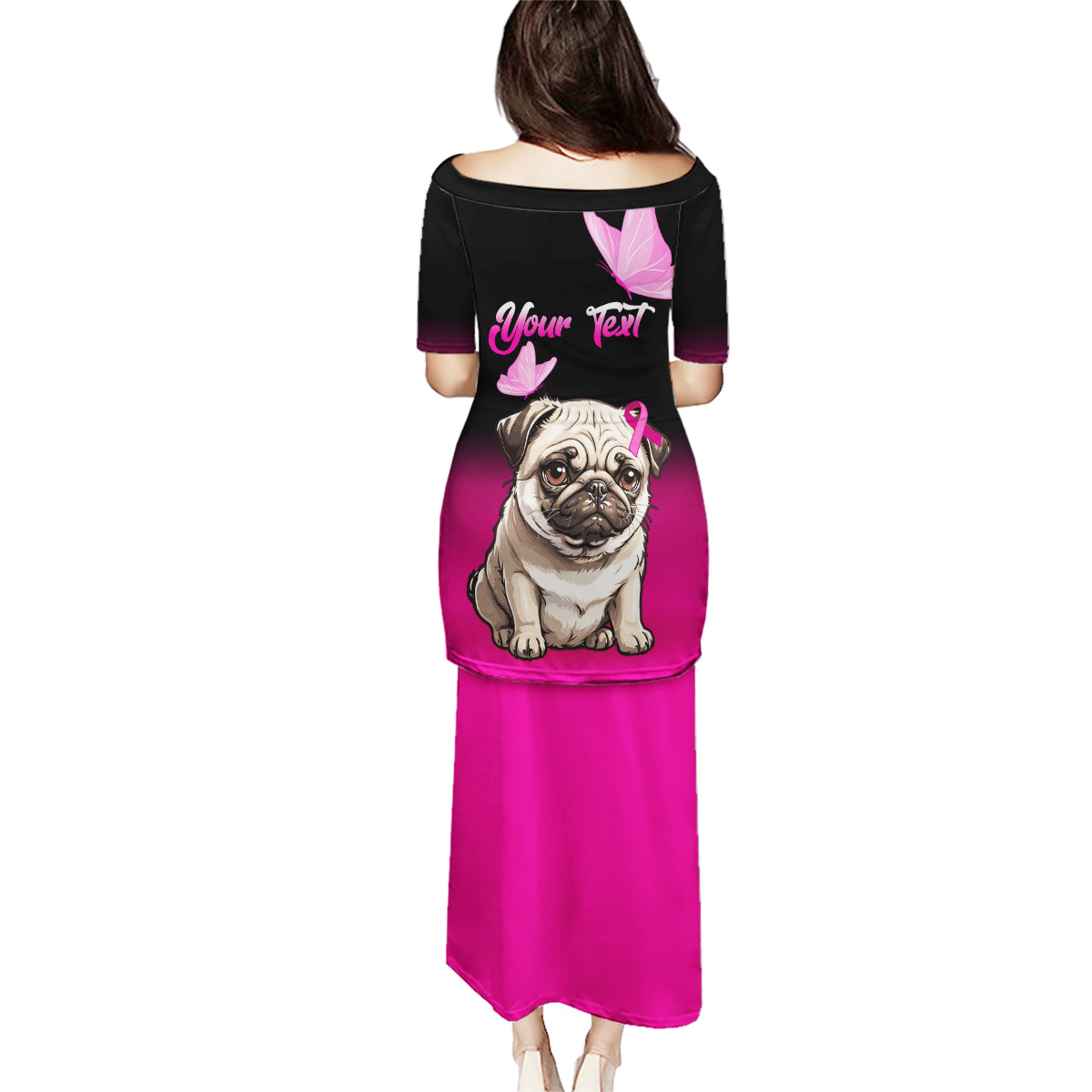 Personalised Pink Out Family Matching Puletasi Dress and Hawaiian Shirt Pug Dog Breast Cancer Awareness - Wonder Print Shop