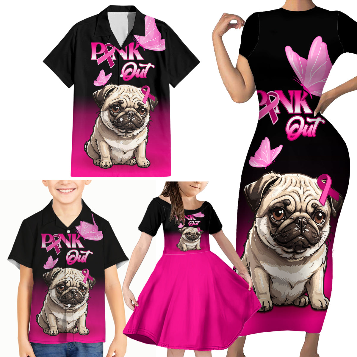 Personalised Pink Out Family Matching Short Sleeve Bodycon Dress and Hawaiian Shirt Pug Dog Breast Cancer Awareness - Wonder Print Shop