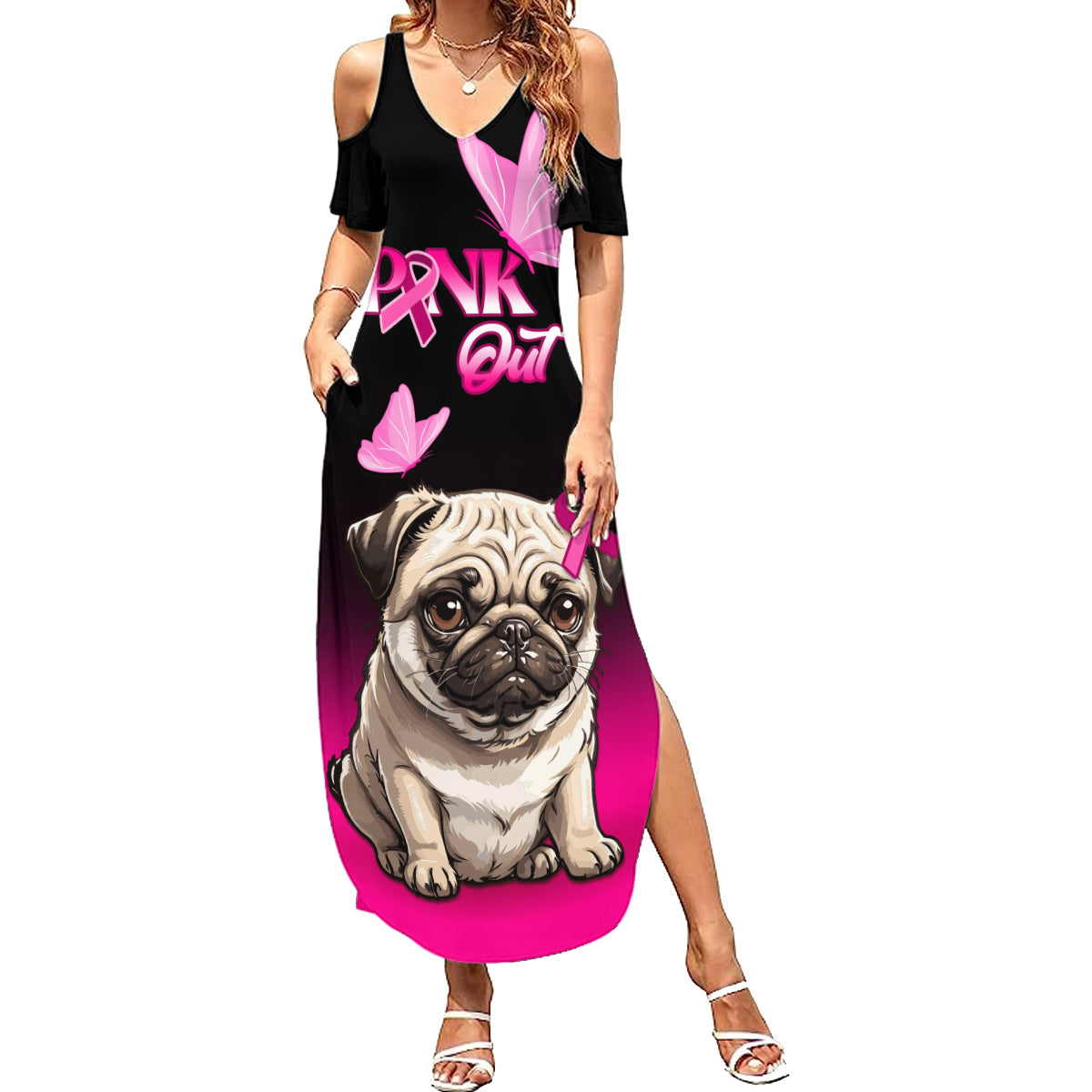 Personalised Pink Out Family Matching Summer Maxi Dress and Hawaiian Shirt Pug Dog Breast Cancer Awareness - Wonder Print Shop