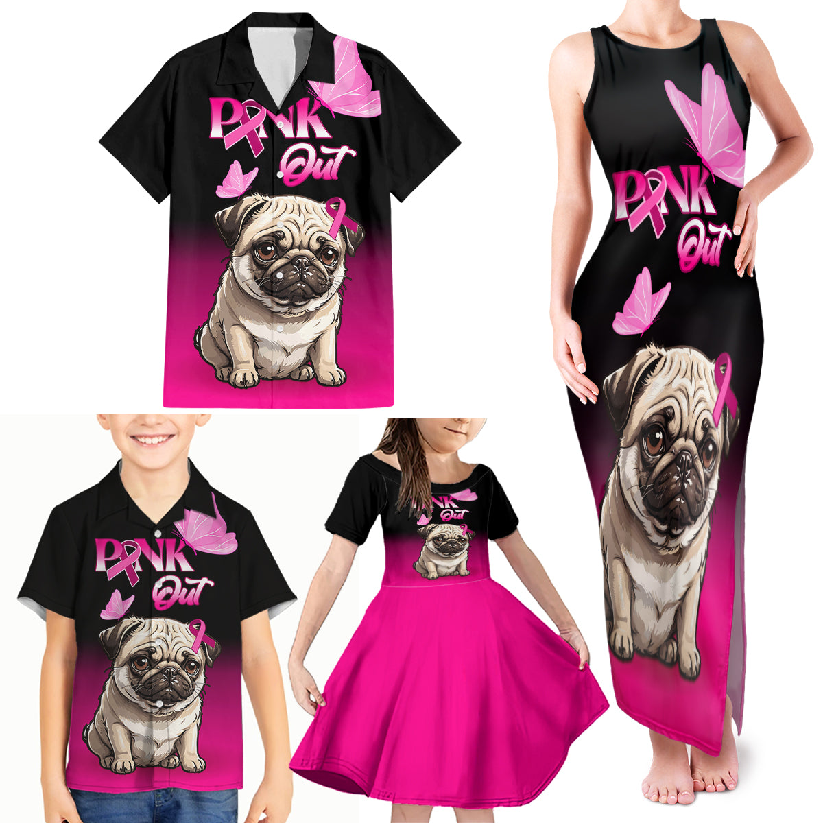 Personalised Pink Out Family Matching Tank Maxi Dress and Hawaiian Shirt Pug Dog Breast Cancer Awareness - Wonder Print Shop
