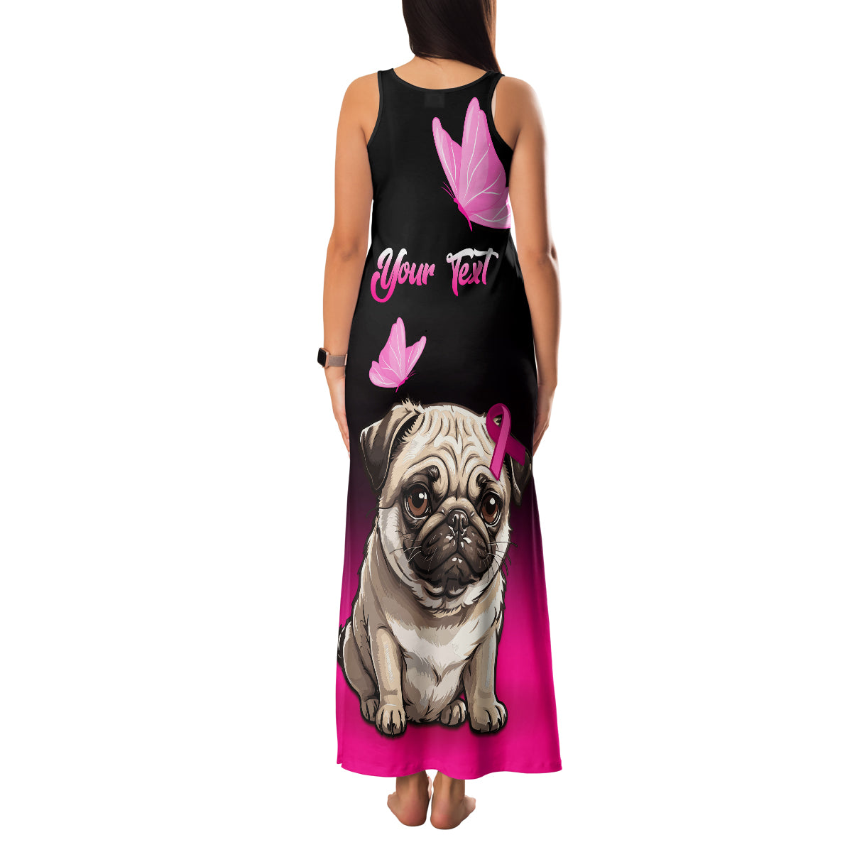 Personalised Pink Out Family Matching Tank Maxi Dress and Hawaiian Shirt Pug Dog Breast Cancer Awareness - Wonder Print Shop