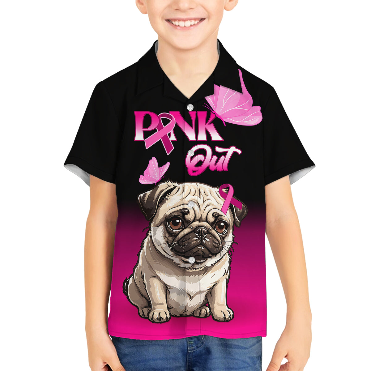 Personalised Pink Out Kid Hawaiian Shirt Pug Dog Breast Cancer Awareness - Wonder Print Shop