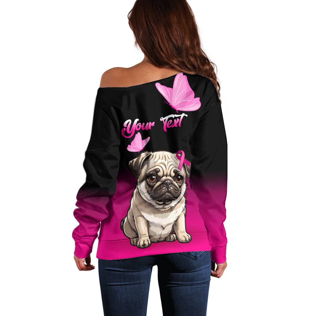 Personalised Pink Out Off Shoulder Sweater Pug Dog Breast Cancer Awareness - Wonder Print Shop