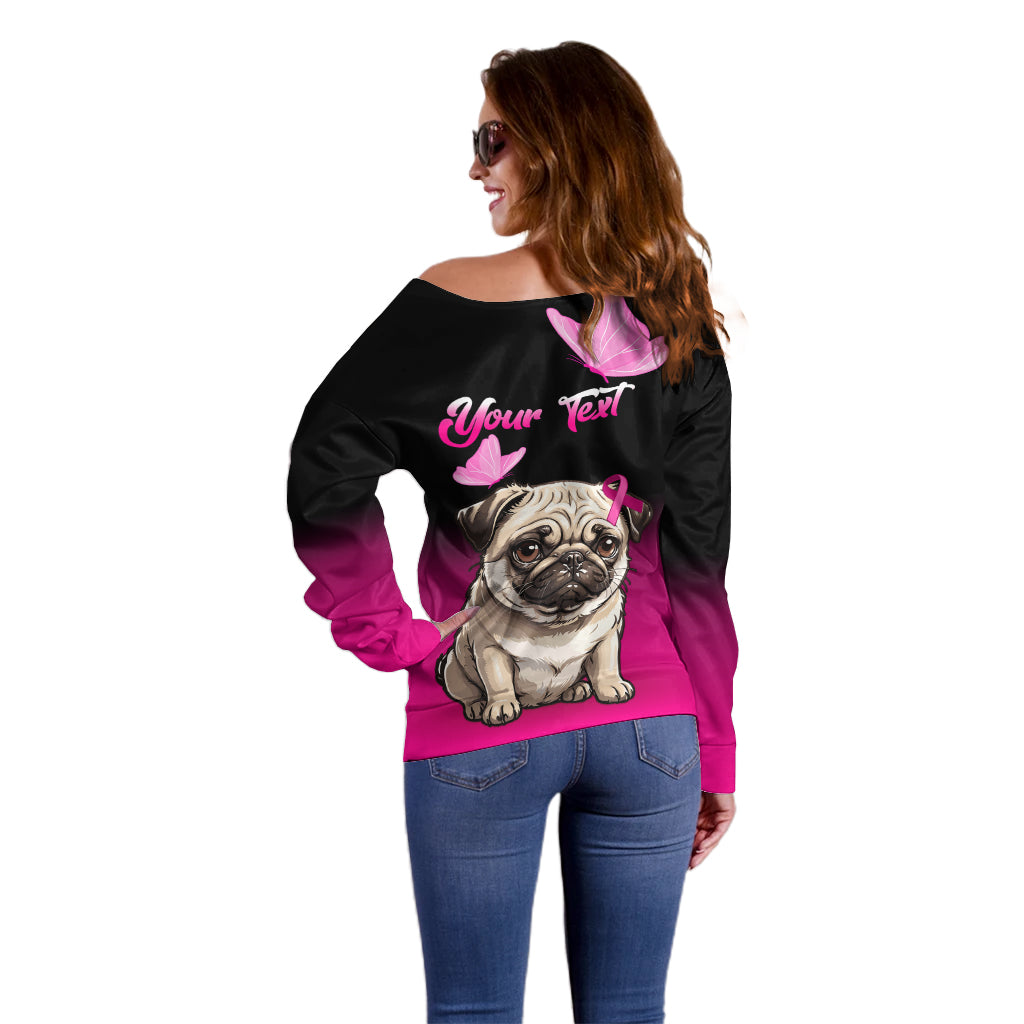 Personalised Pink Out Off Shoulder Sweater Pug Dog Breast Cancer Awareness - Wonder Print Shop