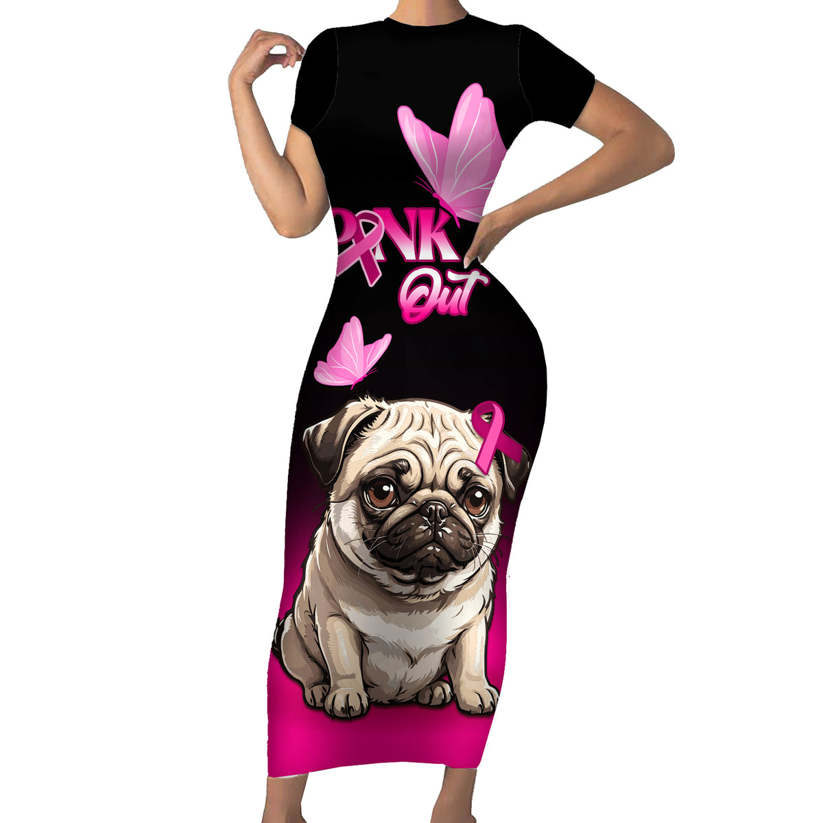 Personalised Pink Out Short Sleeve Bodycon Dress Pug Dog Breast Cancer Awareness - Wonder Print Shop