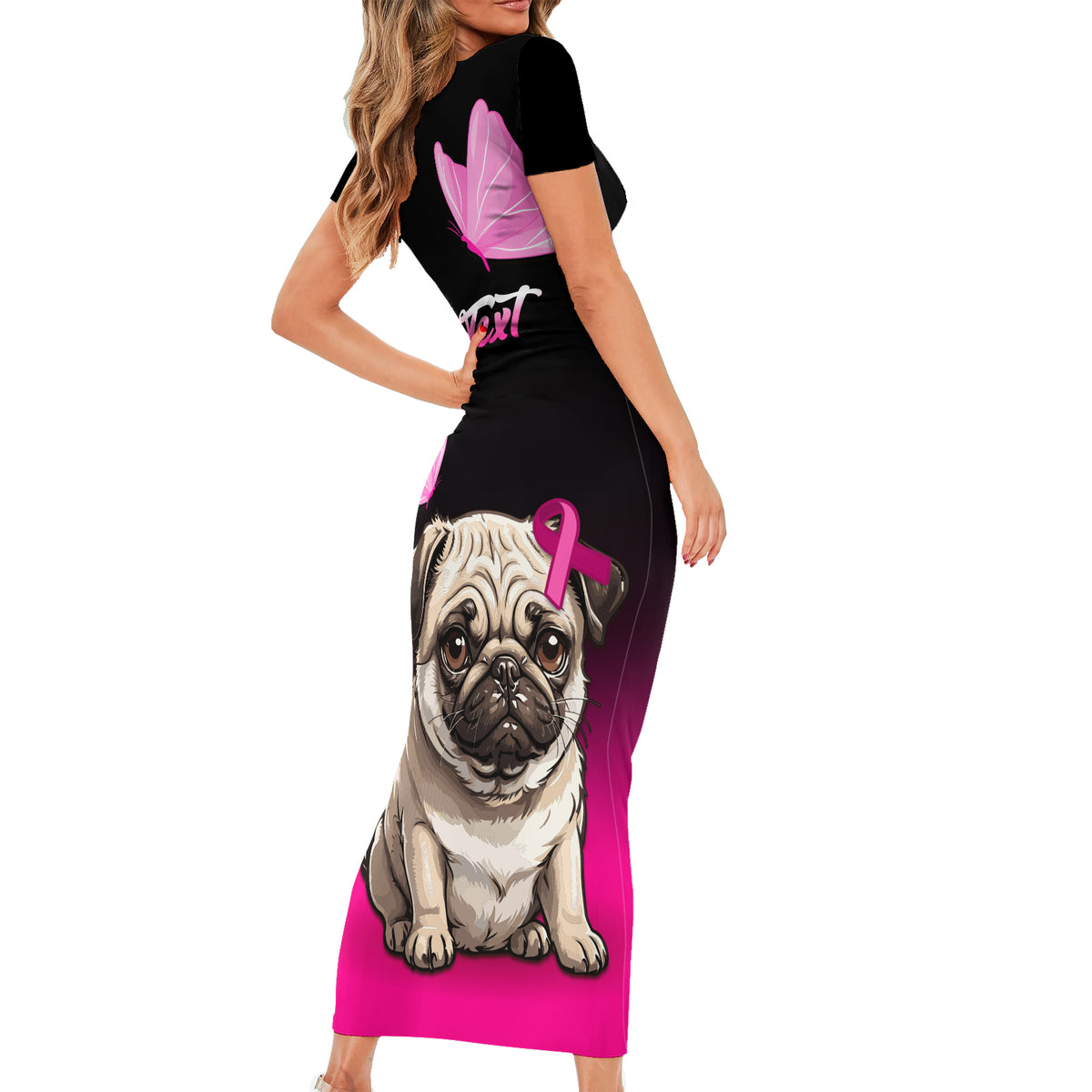 Personalised Pink Out Short Sleeve Bodycon Dress Pug Dog Breast Cancer Awareness - Wonder Print Shop