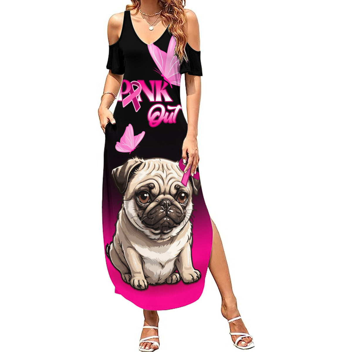 Personalised Pink Out Summer Maxi Dress Pug Dog Breast Cancer Awareness - Wonder Print Shop