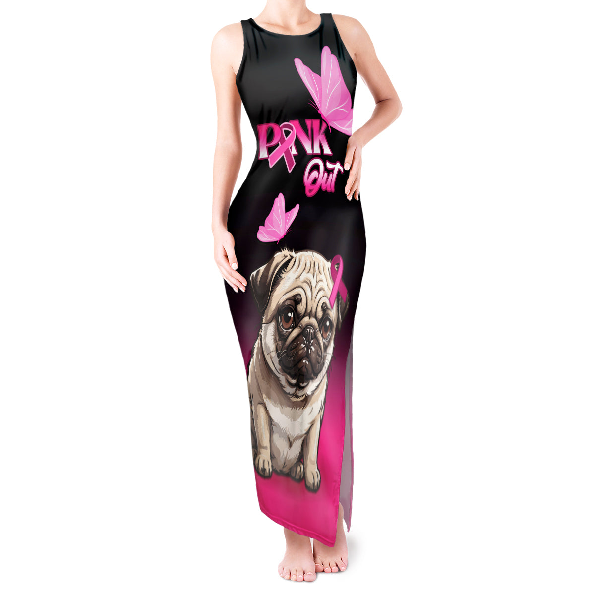 Personalised Pink Out Tank Maxi Dress Pug Dog Breast Cancer Awareness - Wonder Print Shop