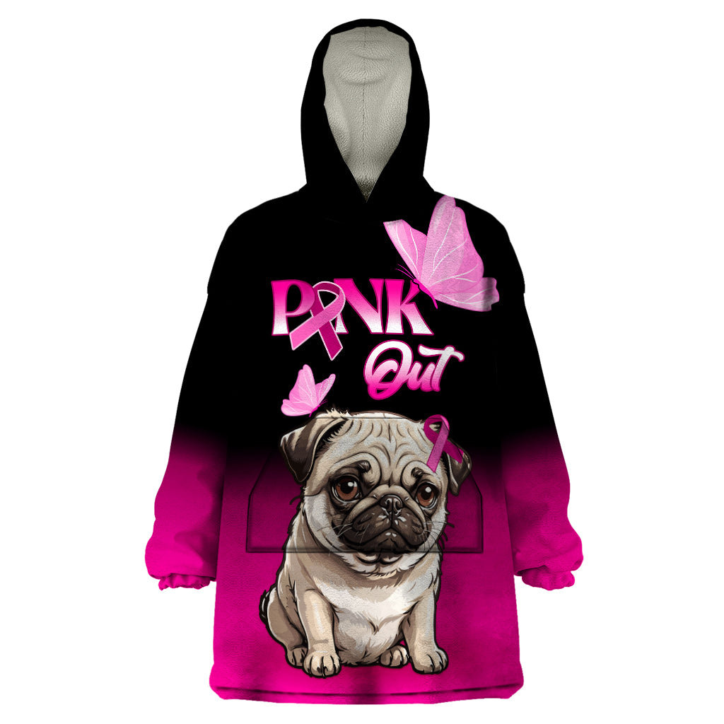 Personalised Pink Out Wearable Blanket Hoodie Pug Dog Breast Cancer Awareness - Wonder Print Shop