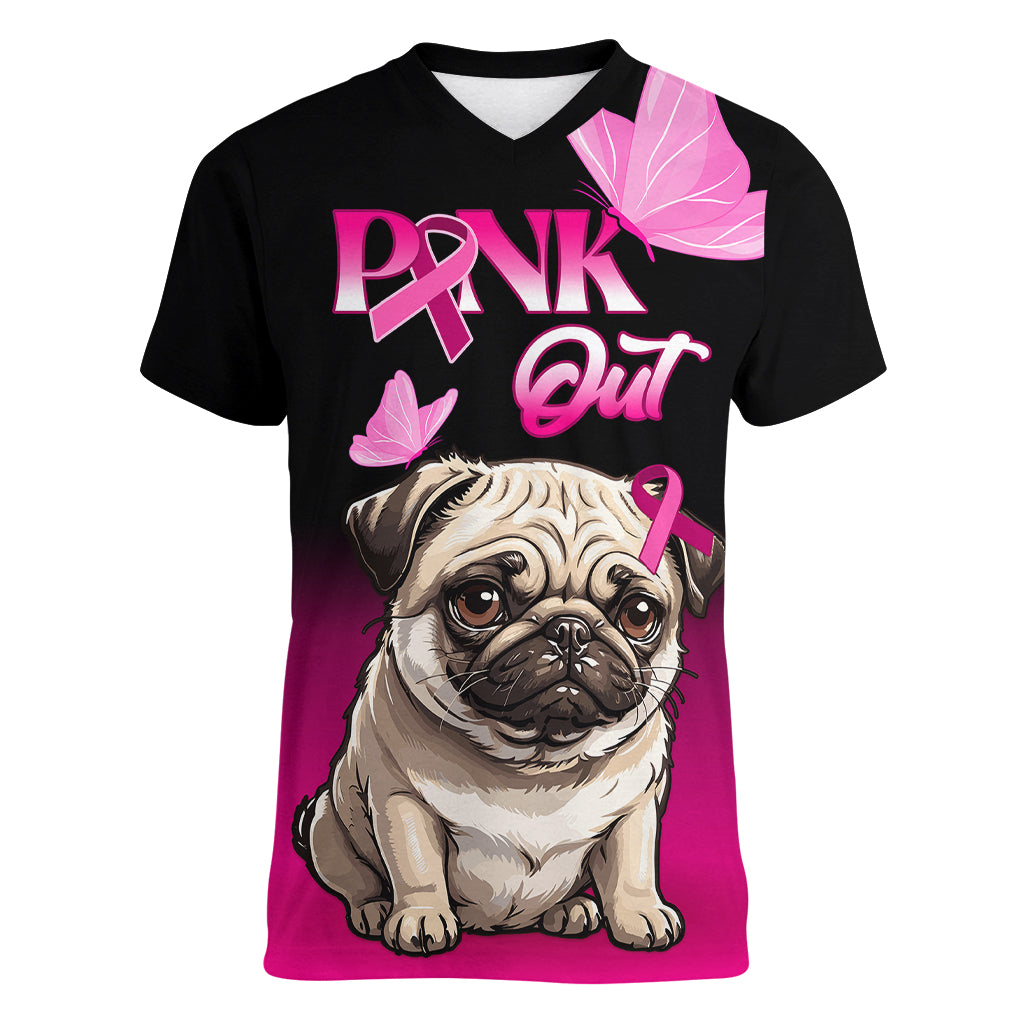 Personalised Pink Out Women V Neck T Shirt Pug Dog Breast Cancer Awareness - Wonder Print Shop