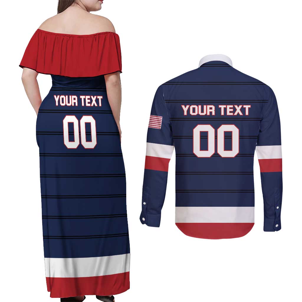Custom USA Hockey Team Couples Matching Off Shoulder Maxi Dress and Long Sleeve Button Shirt Go Champions