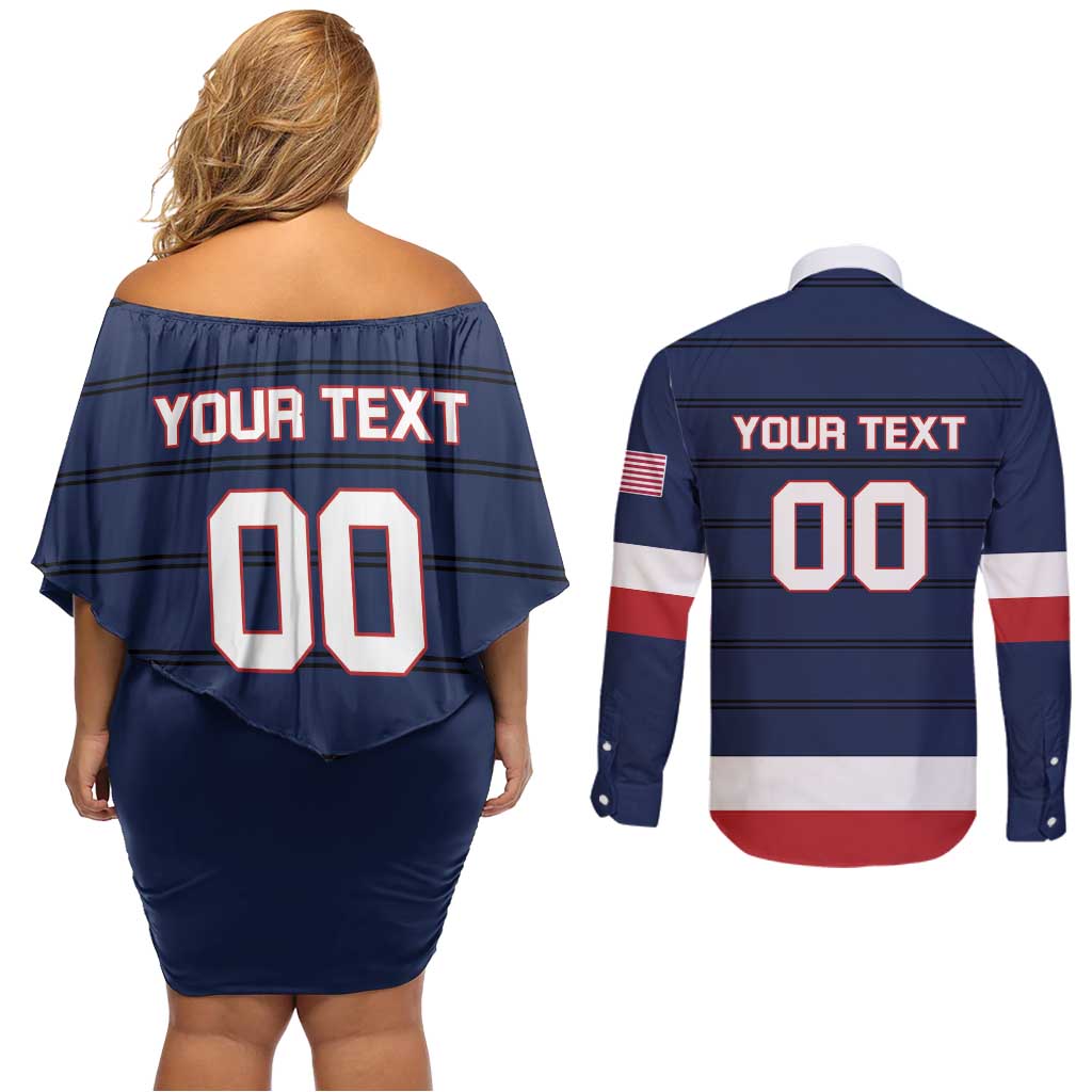 Custom USA Hockey Team Couples Matching Off Shoulder Short Dress and Long Sleeve Button Shirt Go Champions