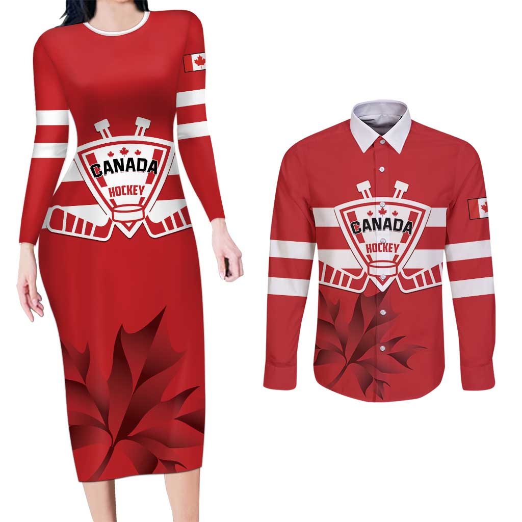 Custom Canada Hockey Team Couples Matching Long Sleeve Bodycon Dress and Long Sleeve Button Shirt Maple Leaf Red Version