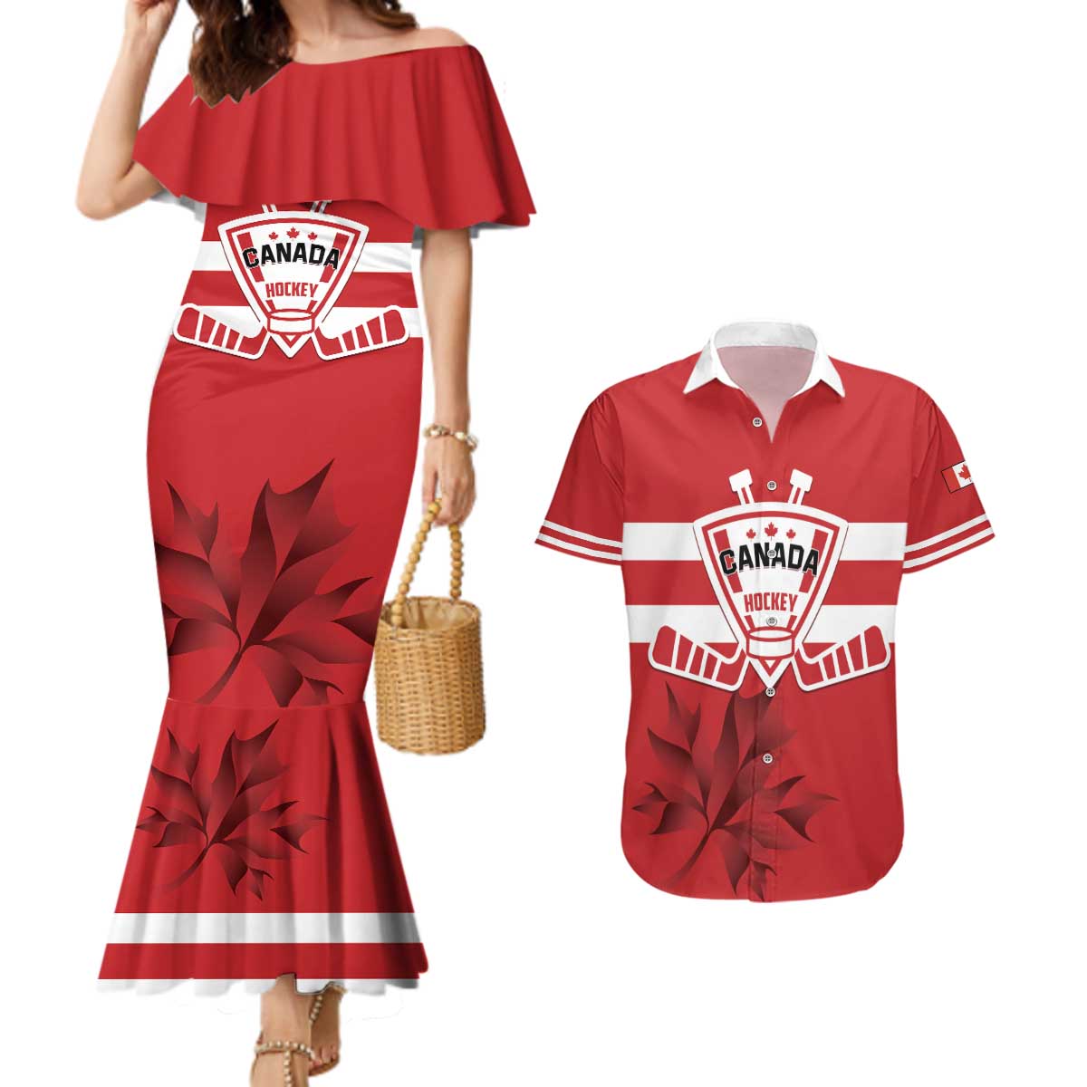 Custom Canada Hockey Team Couples Matching Mermaid Dress and Hawaiian Shirt Maple Leaf Red Version